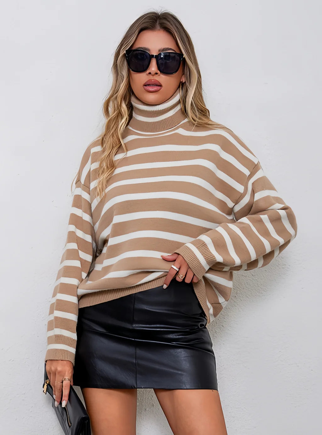 FASHION LOOSE HIGH-NECKED STRIPED LONG-SLEEVED SWEATER Graphic Sweater Embroidered Appliqued