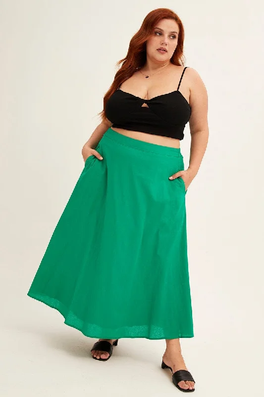Green Midi Skirt Cotton Blend athletic skirt fit