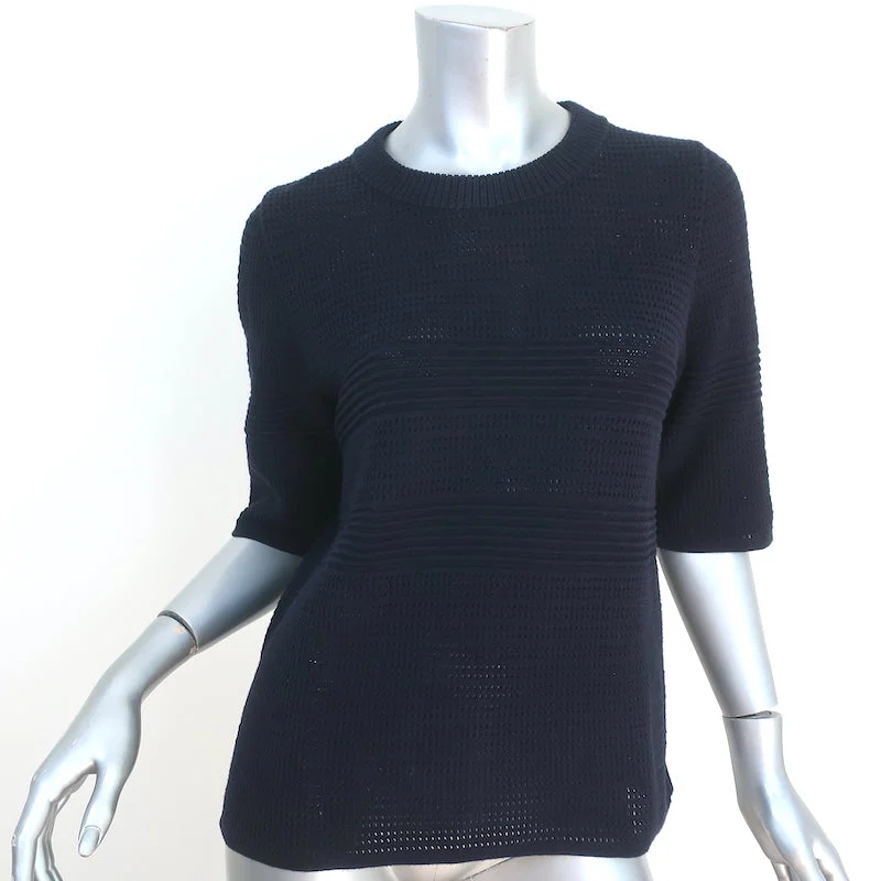 Chloe Top Navy Cotton Pointelle Knit Size Large Short Sleeve Sweater Handmade Hand-knitted Hand-woven