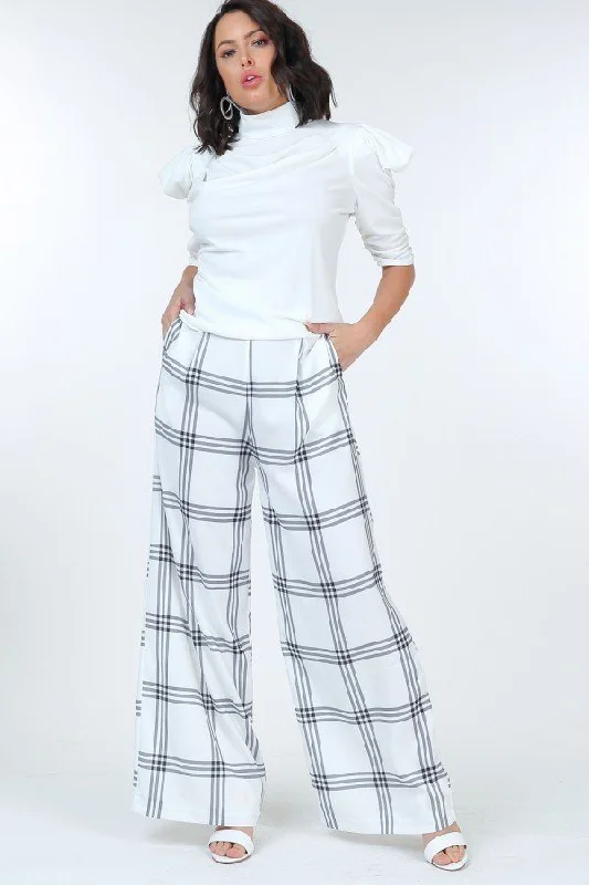 High Waist Plaid Print Wide Leg Pants Formal Slim Pants