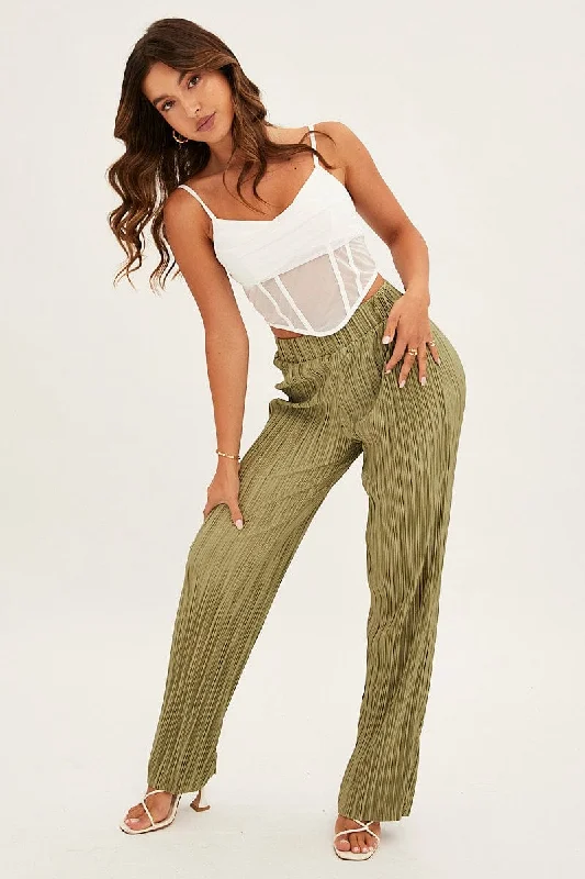 Green Plisse Pants Wide Leg Relaxed Casual Leggings