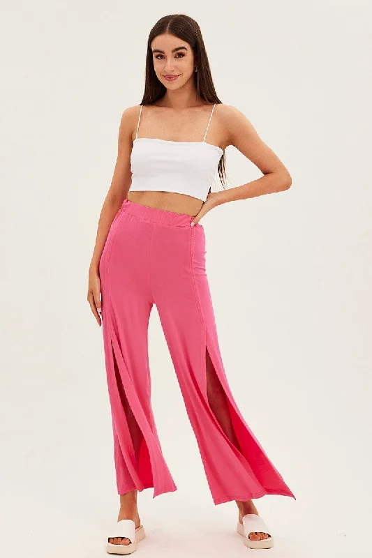 Hot Pink Wide Leg Pants High Rise Front Split Casual Sweatpants Style