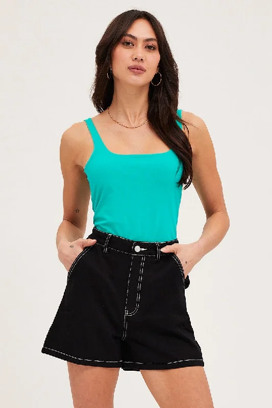 Green Square Neck Basic Tank Top Cotton Span black tank top