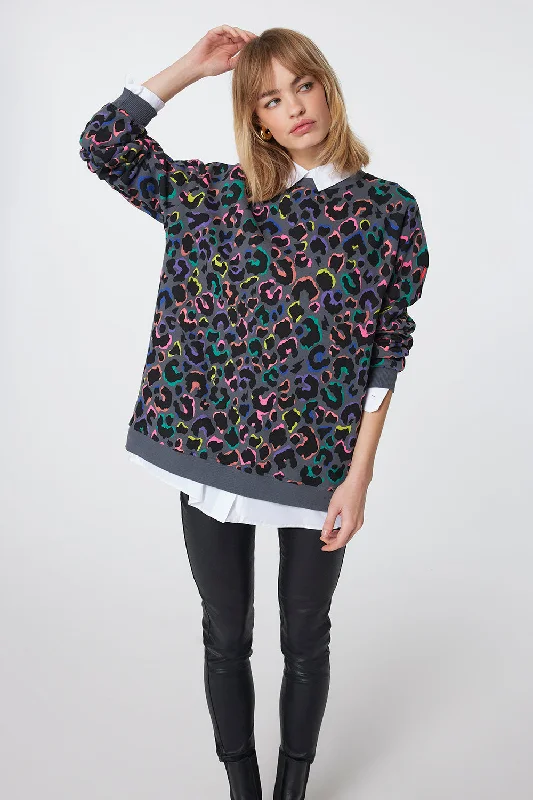 Grey with Rainbow Shadow Leopard Oversized Sweatshirt Hoodie with Neon Bright Vibrant