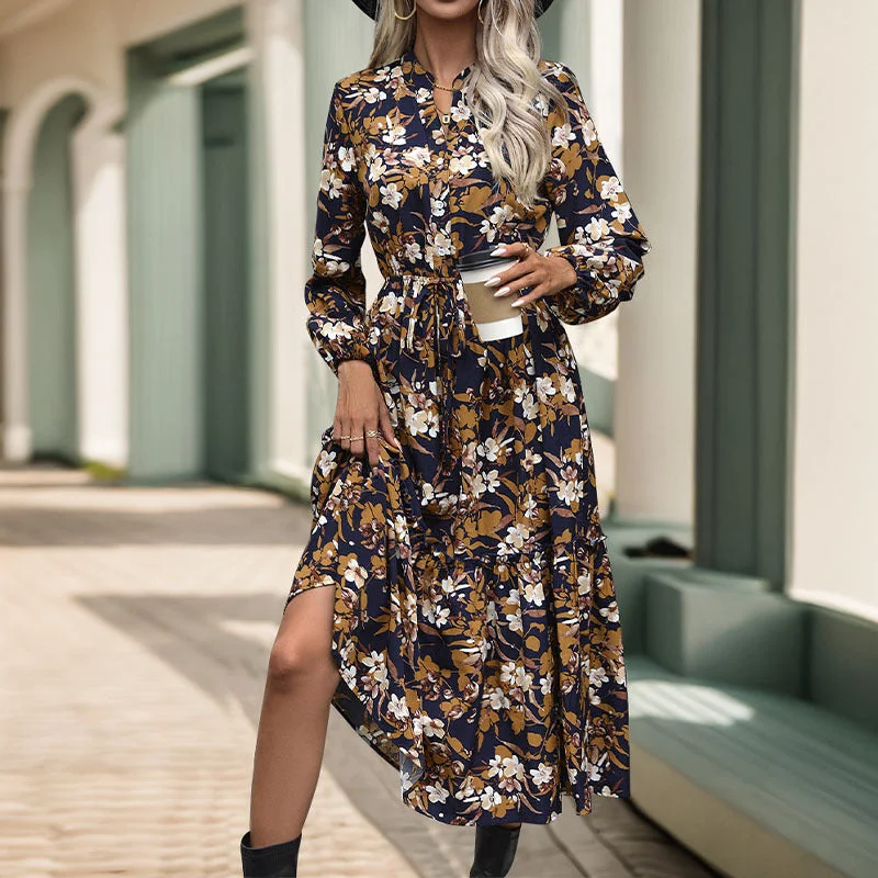 IKEARLAX Yama New new autumn  women's clothing retro printing dress 2025 temperament elegant V-neck skirt women Casual Short Summer