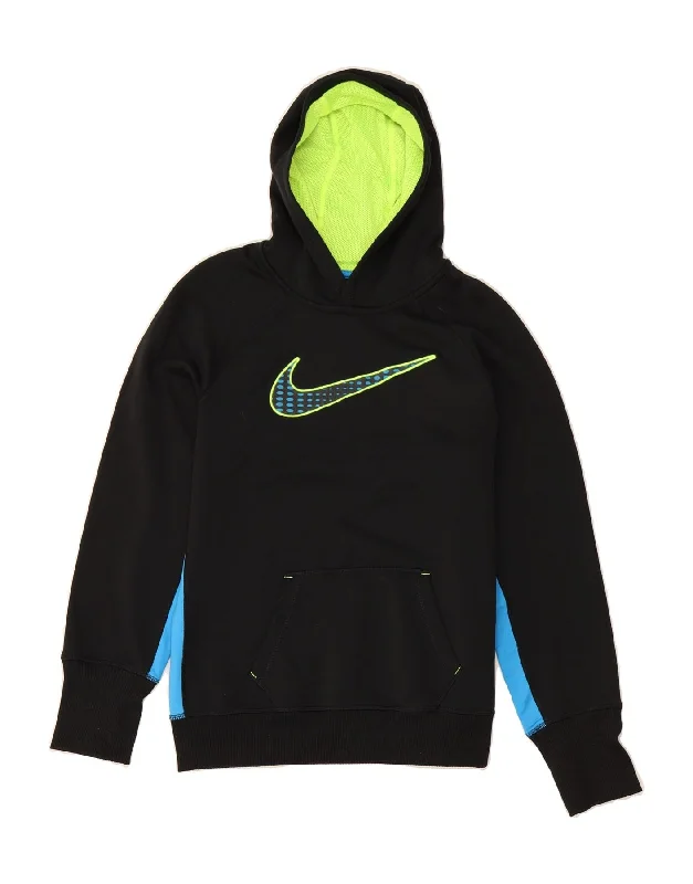 NIKE Womens Therma-Fit Graphic Hoodie Jumper UK 16 Large Black Colourblock Hoodie with Drawcord Adjustable Secure