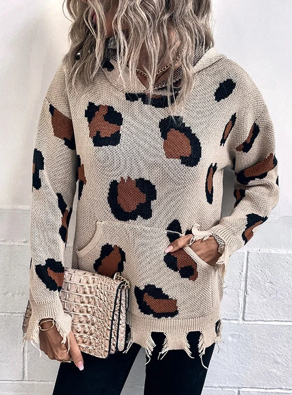 LEOPARD PRINT HOODED HOLES SWEATER Elasticated Padded Insulated