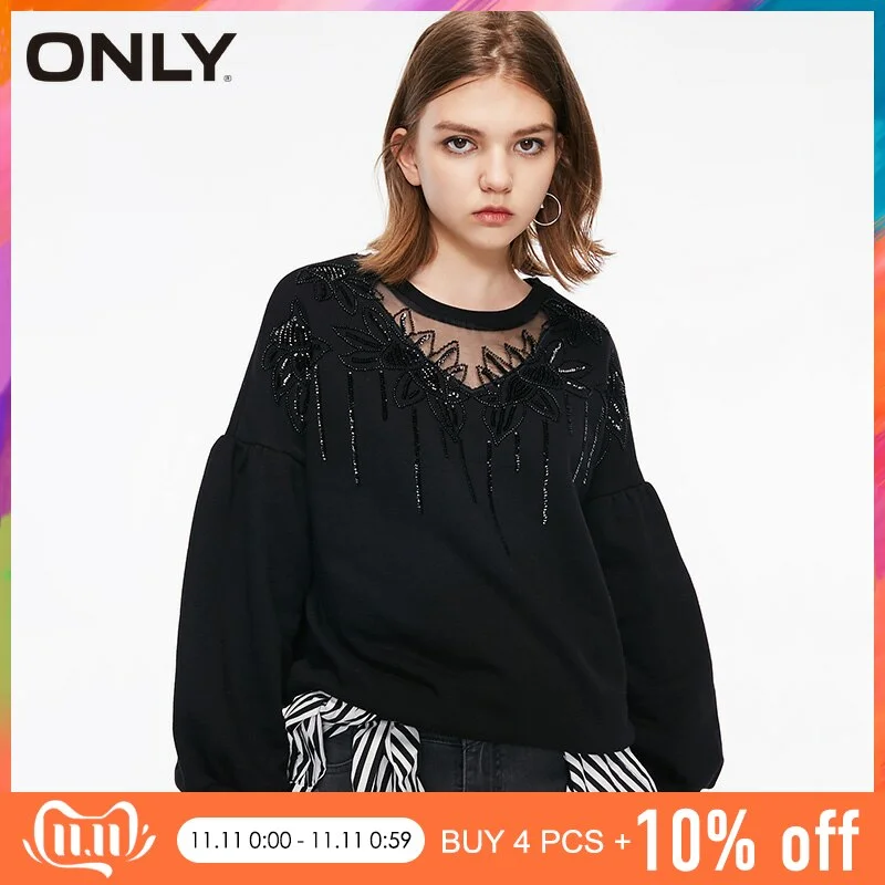 WILUXE  BF Style Autumn Winter  Loose Fit See-through Neckline Sweatshirt Hoodies |11839S566 Hoodie with Print Artistic Unique