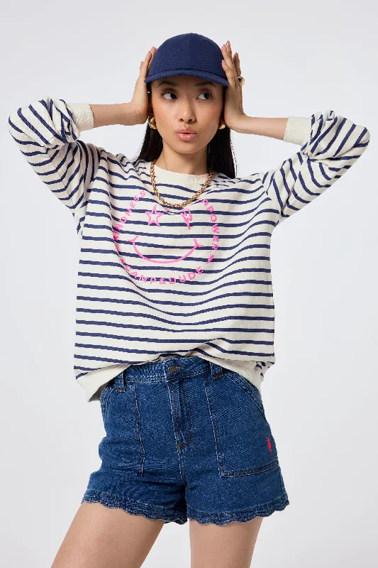 Ivory with Blue Stripe and Smiley Face Oversized Sweatshirt Hoodie with Gradient Ombre Colorful
