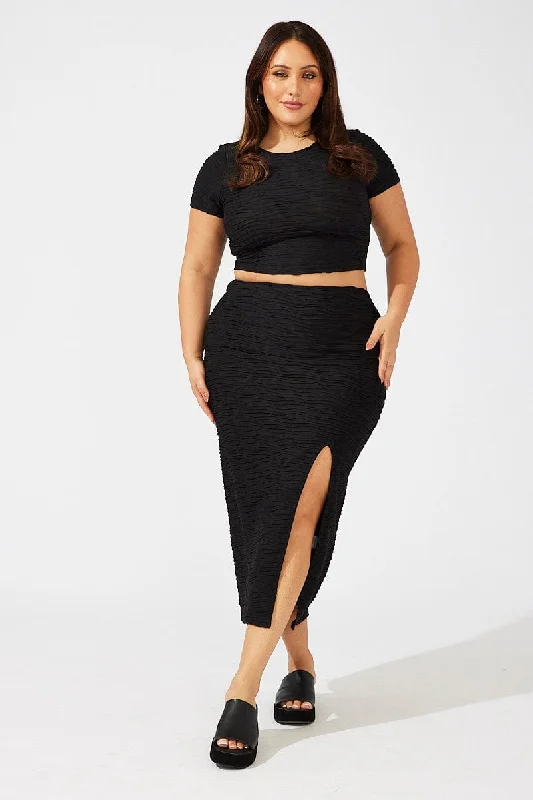 Black Wavy Texture Bodycon Split Skirt pleated skirt texture