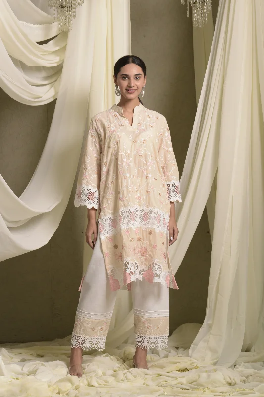 Myra Mesh Floral Lace Kurta With Pant - Beige Modern Bootcut Pants