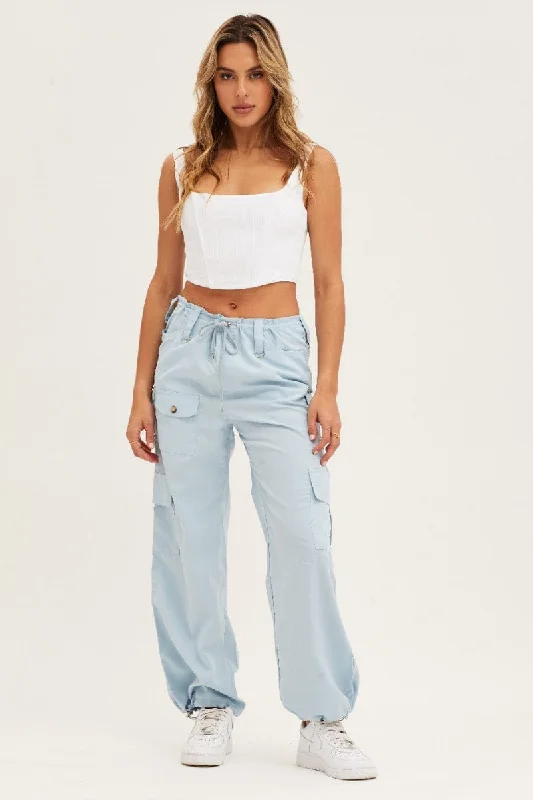 Blue Cargo Parachute Pants Strap Waist High-Waist Jeans