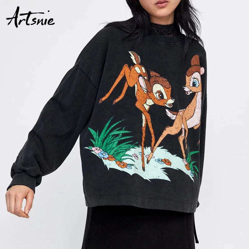 WILUXE Spring 2019 Cartoon Animal Casual Sweatshirts Women O Neck Long Sleeve Streetwear Oversized Hoodie Winter Sweat Female Hoodie with Typography Text Message