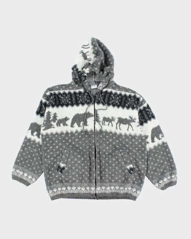 Vintage Women's Animal Printed Zip Up Wool Knit Hoodie - L Hoodie with Slim Fit Tailored Modern