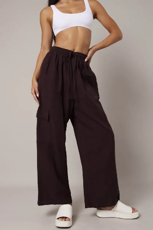 Brown Relaxed Cargo Pant Elasticated Waist Trendy Tapered Pants