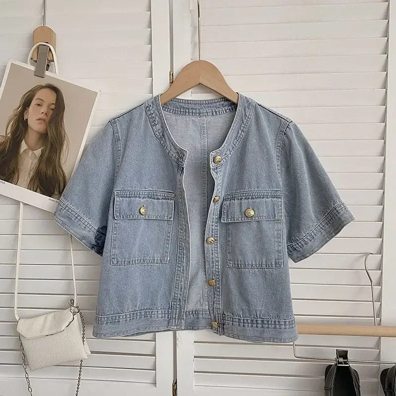 Women's Denim Short Sleeve Shirt 2024 New Korean Style Casual Loose Fit Design Vintage Short Jacket Summer Fashion Knit Fabric Woven Fabric Fleece Fabric