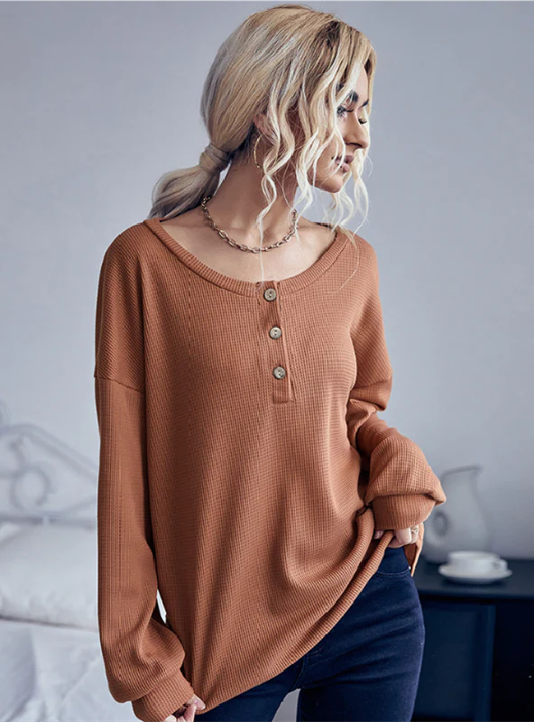 SOLID COLOR BUTTON ROUND NECK SWEATER Boat Neck Shawl Collar Notched Collar
