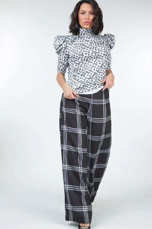 High Waist Plaid Print Wide Leg Pants Chic Wool Trousers