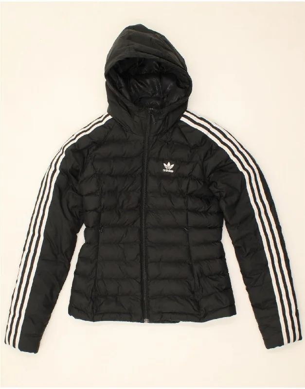 ADIDAS Womens Hooded Padded Jacket UK 6 XS Black Polyester Denim Fabric Leather Fabric Suede Fabric