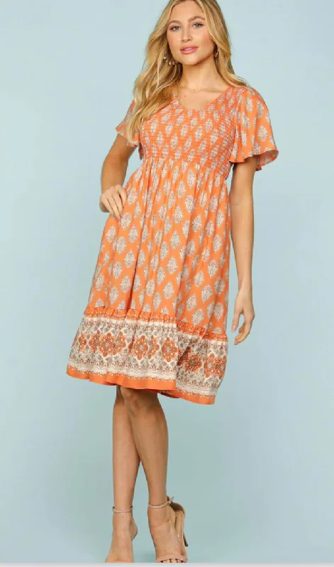 Peach Smocked Boho Dress Tunics Mesh breathable