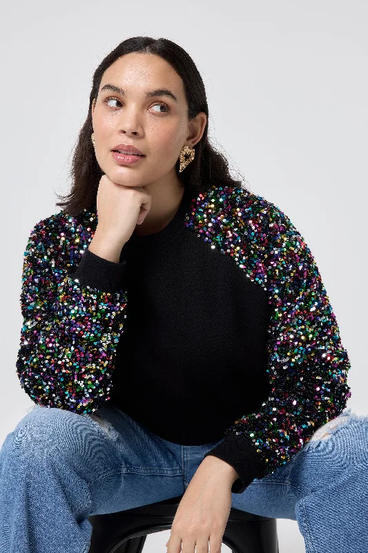Black with Rainbow Sequin Sleeve Raglan Sweatshirt Hoodie with Hem Drawcord Adjustable Customizable