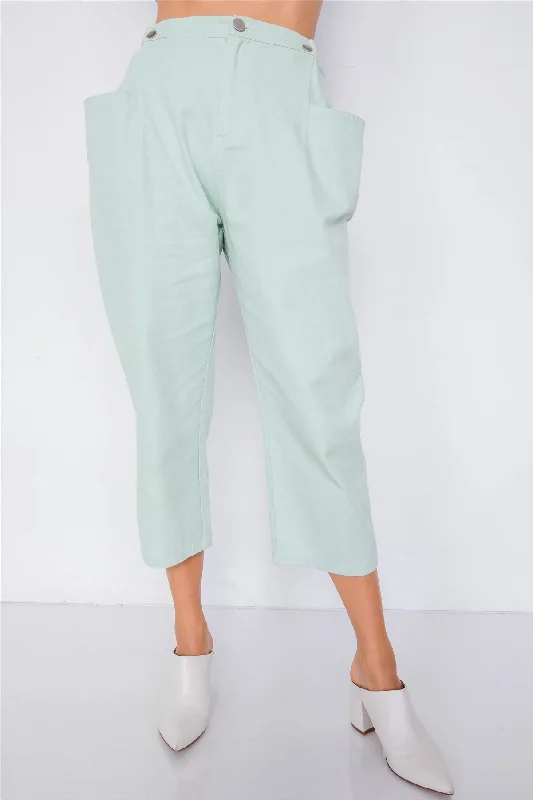 Pastel Chic Solid Ankle Wide Leg Adjustable Snap Waist Pants Stretch Fit Pants