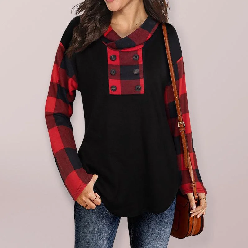 Women's Plaid Double-Breasted Hoodie - Long Sleeve Style Hoodie with Ribbed Hem Stretchable Secure