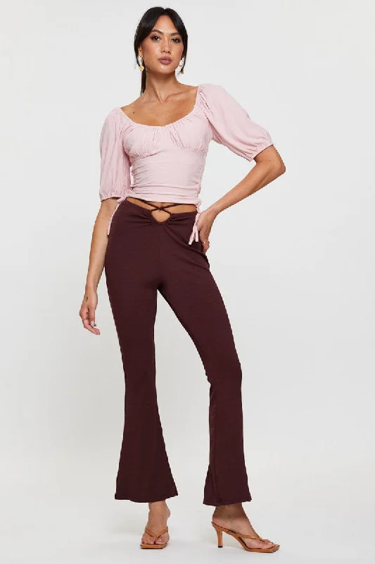 Brown Flare Pants High Rise Waist Tie Modern Bootcut Pants