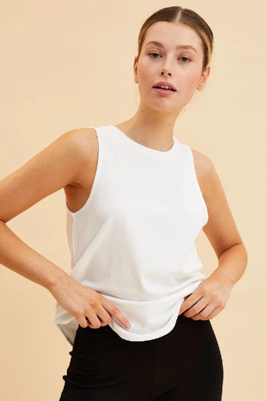 White Sleeveless Tank Cotton Crew Neck Curved Hem silver tank top