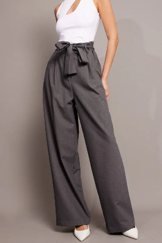 Grey Wide Leg Pants Waist Tie Classic Bootcut Trousers