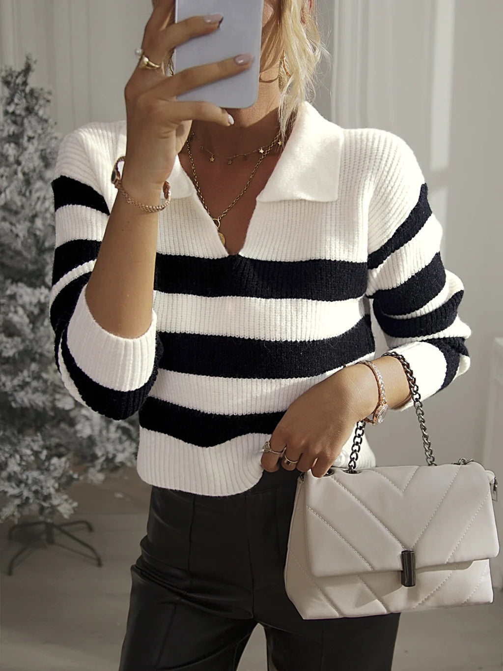 FASHION SHIRT COLLAR STRIPED SWEATER Modern Contemporary Chic