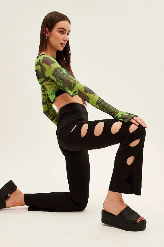 Black Pant Mid Rise Flare Fashionable Sporty Pants