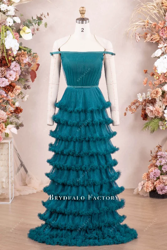 Peacock Off Shoulder Tiered Ruffle Evening Formal Dress Tunics Sophisticated sleek