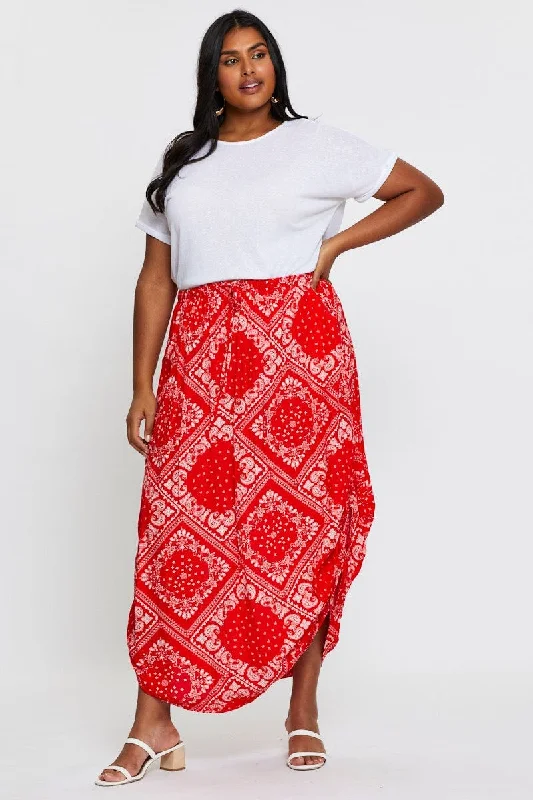 Boho Print Maxi Rushed Skirt Waist Tie high slit skirt