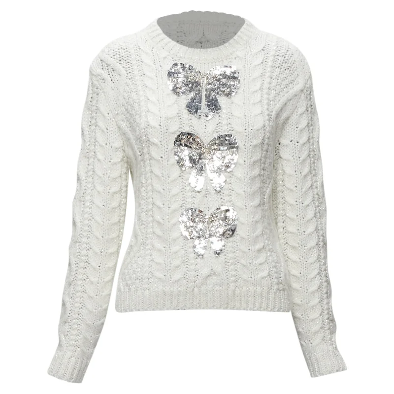 Valentino Garavani silver beads sequins bow lurex cable knit sweater Real Fur Shearling Chenille