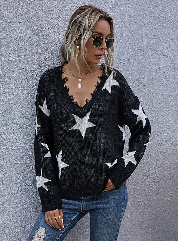 WOMEN LOOSE V-NECK KNITTED SWEATER Mesh Fabric Canvas Fabric Denim Fabric