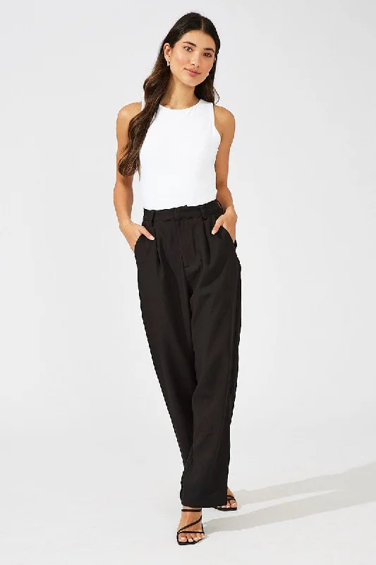 Black Wide Leg Pants High Rise Chic Wool Trousers