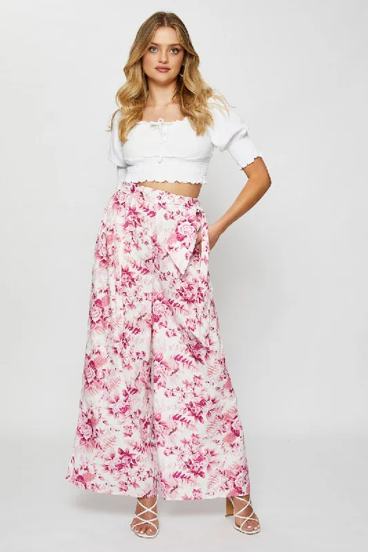 Print Wide Leg Pants High Rise Relaxed Fit Trousers