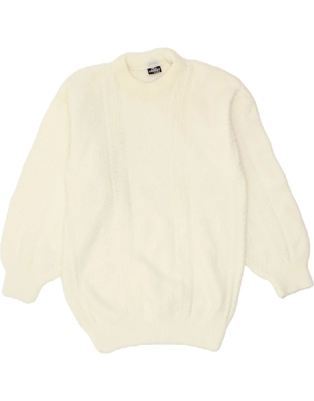 VINTAGE Womens Crew Neck Jumper Sweater UK 10 Small White Fitted Loose Oversized