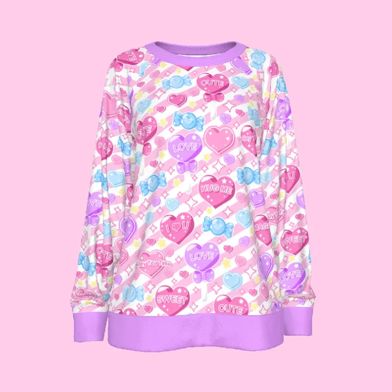 Candy Love Hearts (Colorful Cutie) Women's Round Neck Raglan Sleeve Sweatshirt Hoodie with Drawcord Adjustable Secure