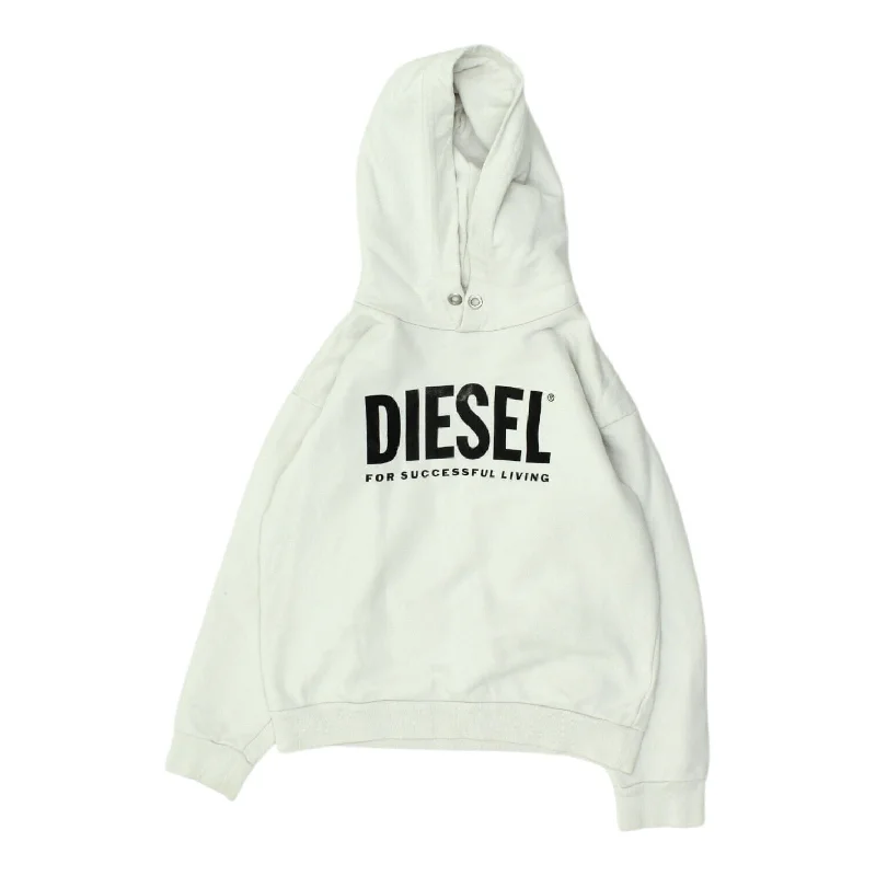 Diesel Womens White Pullover Spellout Logo Hoodie | Casual Designer Hoody VTG Hoodie with Pocket Utility Practical