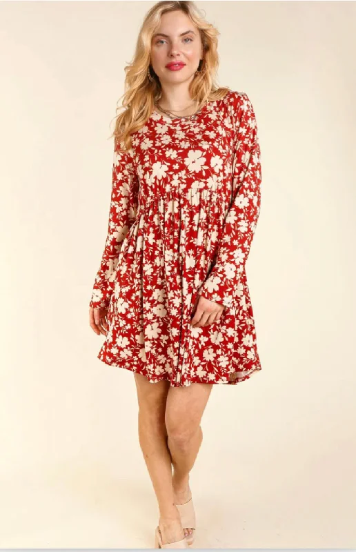 Rust Floral Babydoll Dress Tunics Spring floral