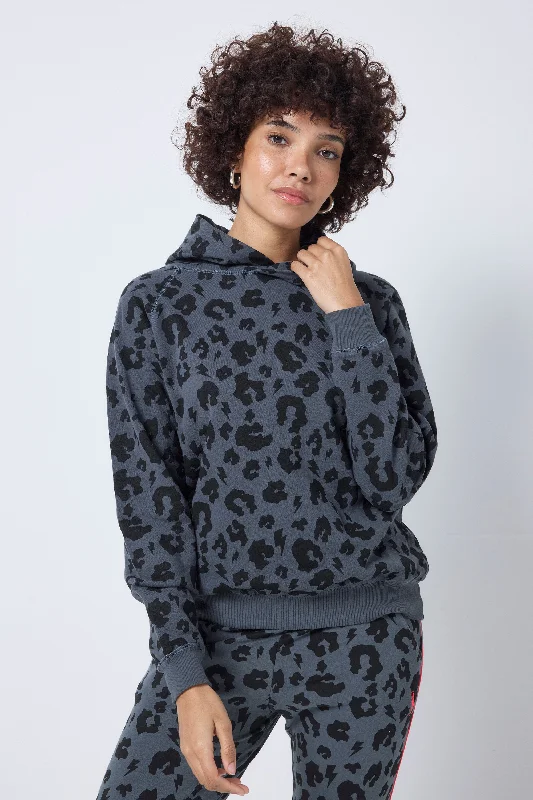 Grey Leopard Hoodie Hoodie with Exposed Zipper Edgy Industrial