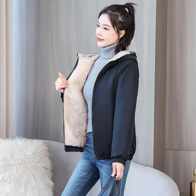 Women's Fleece Coat Winter Warm Thicken Solid Windbreaker Hooded Cotton Plush Hooded Jackets Casual Outdoor Windproof Jacket Fleece Fabric Down Fabric Feather Fabric