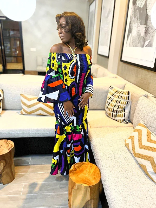 Off Shoulder Elastic African Print Dress A-Line Day Work