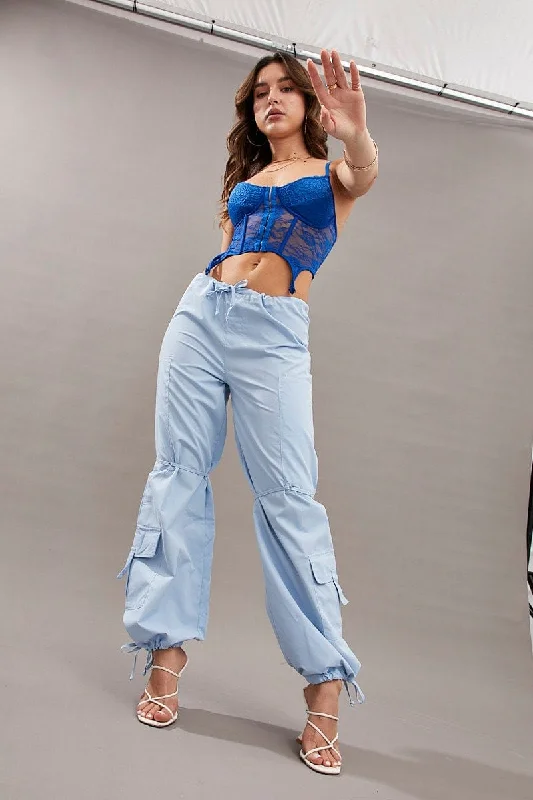 Blue Cargo Parachute Pants Relaxed Formal Wide-Leg Pants