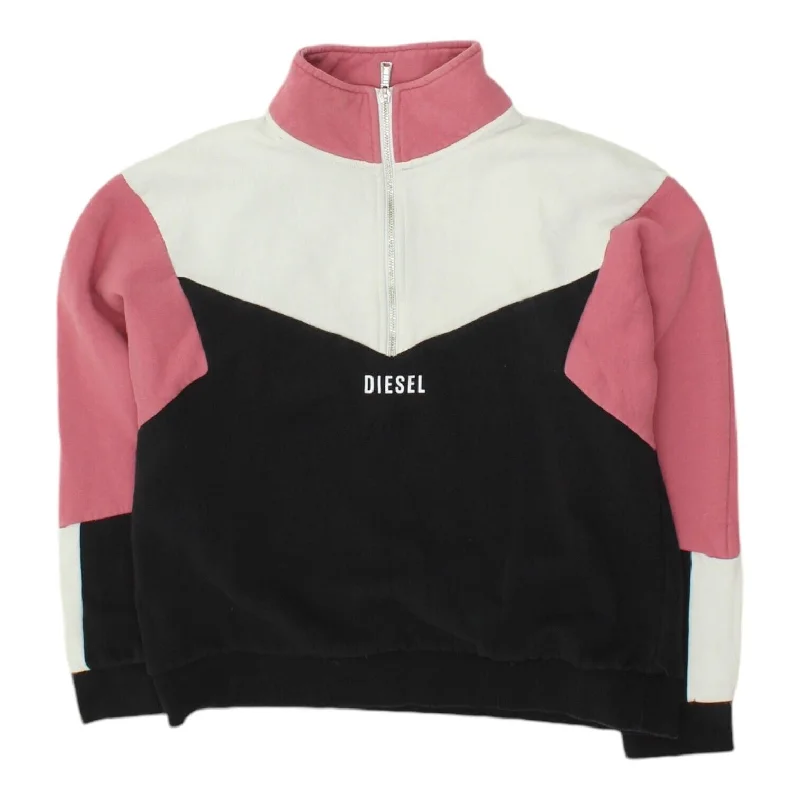 Diesel Womens Pink Black White Cropped Half Zip Jacket | Designer Sports Top VTG Cotton Jacket Linen Jacket Terry Jacket