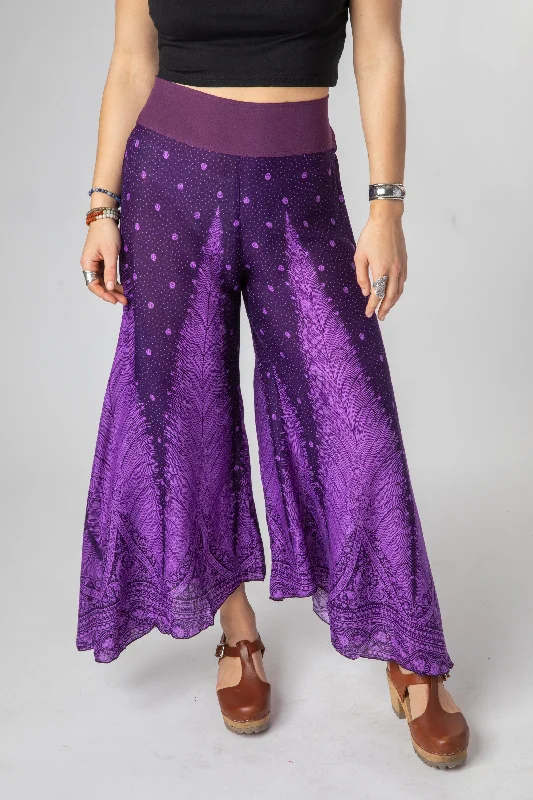 Harmony Feather Print Gaucho Pants Trendy Wide-Legged Trousers
