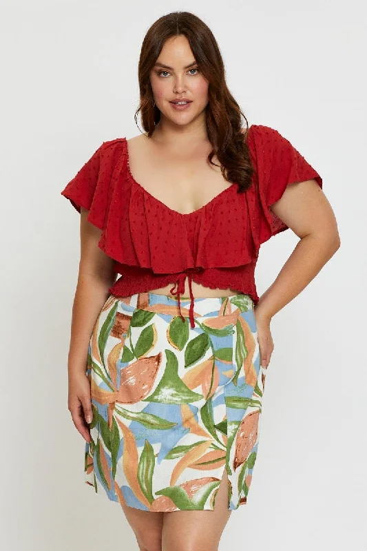 Floral Print Mini A Line Skirt Front Split denim skirt classic