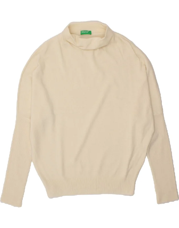 BENETTON Womens Turtle Neck Jumper Sweater UK 20 2XL Off White Graphic Sweater Embroidered Appliqued BENETTON Womens Turtle Neck Jumper Sweater UK 20 2XL Off White Graphic Sweater Embroidered Appliqued